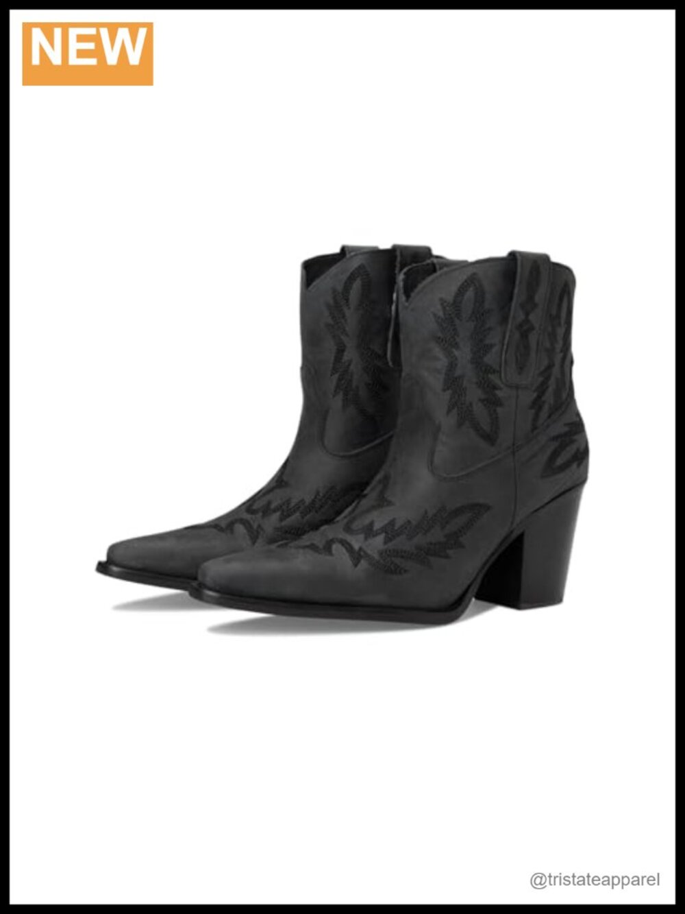 Embroidered Pointed Toe Western Ankle Boots Leather Pull On Heel